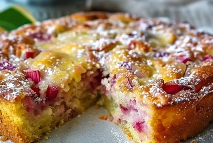 Traditional Norwegian Rhubarb Cake with tender crust and fresh rhubarb filling