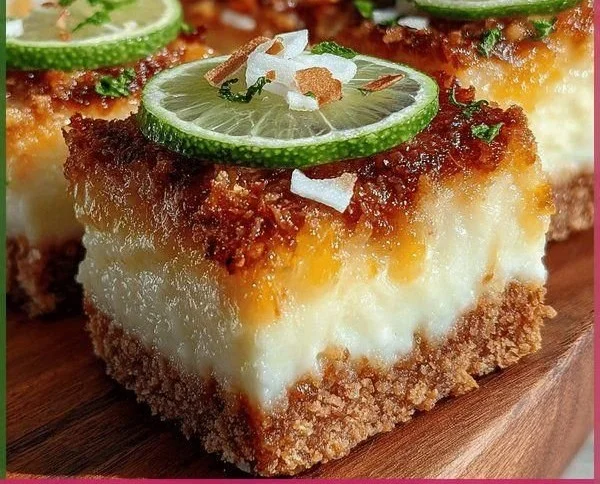 Delicious coconut lime bars on a plate, showcasing tropical flavors.