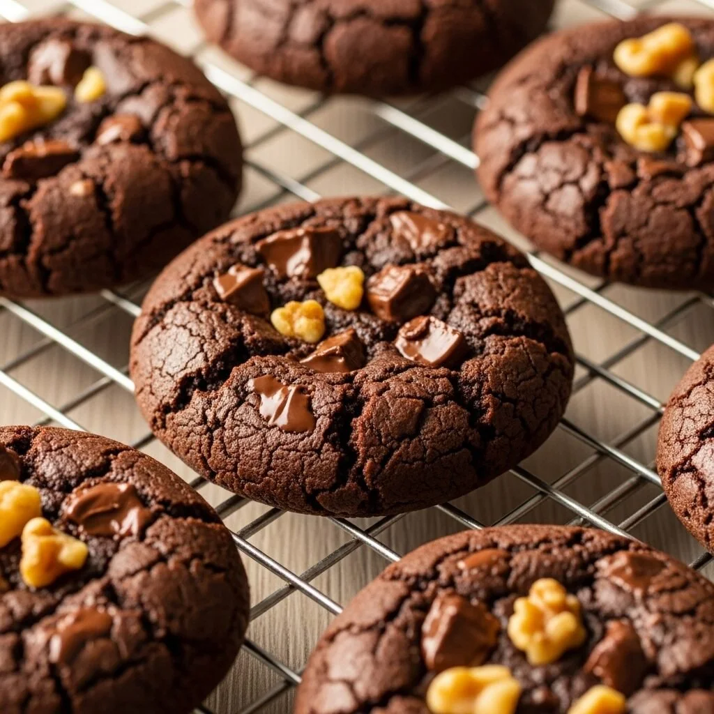 Ultimate brownie cookies fresh out of the oven, delicious and chewy.