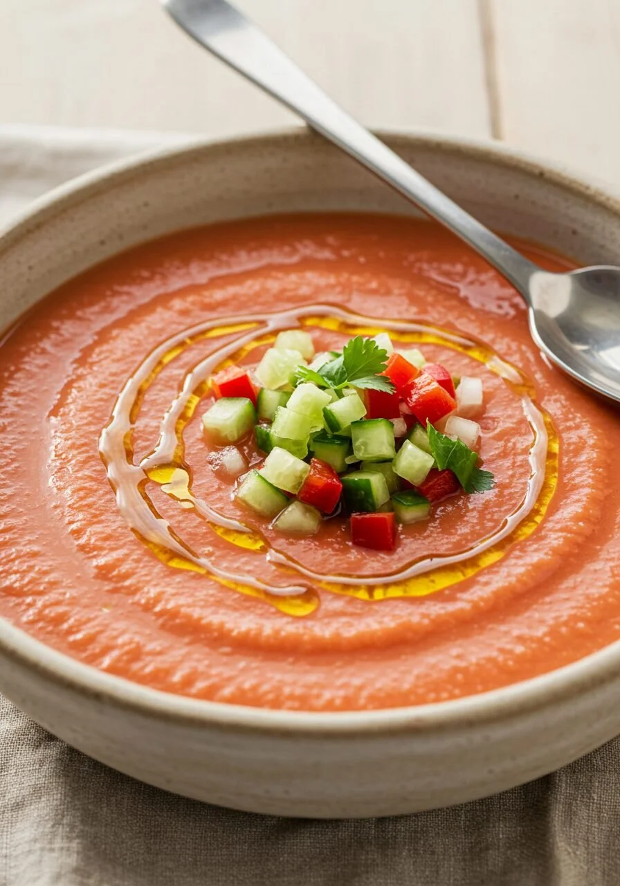 A bowl of ultimate gazpacho made with fresh vegetables and herbs.