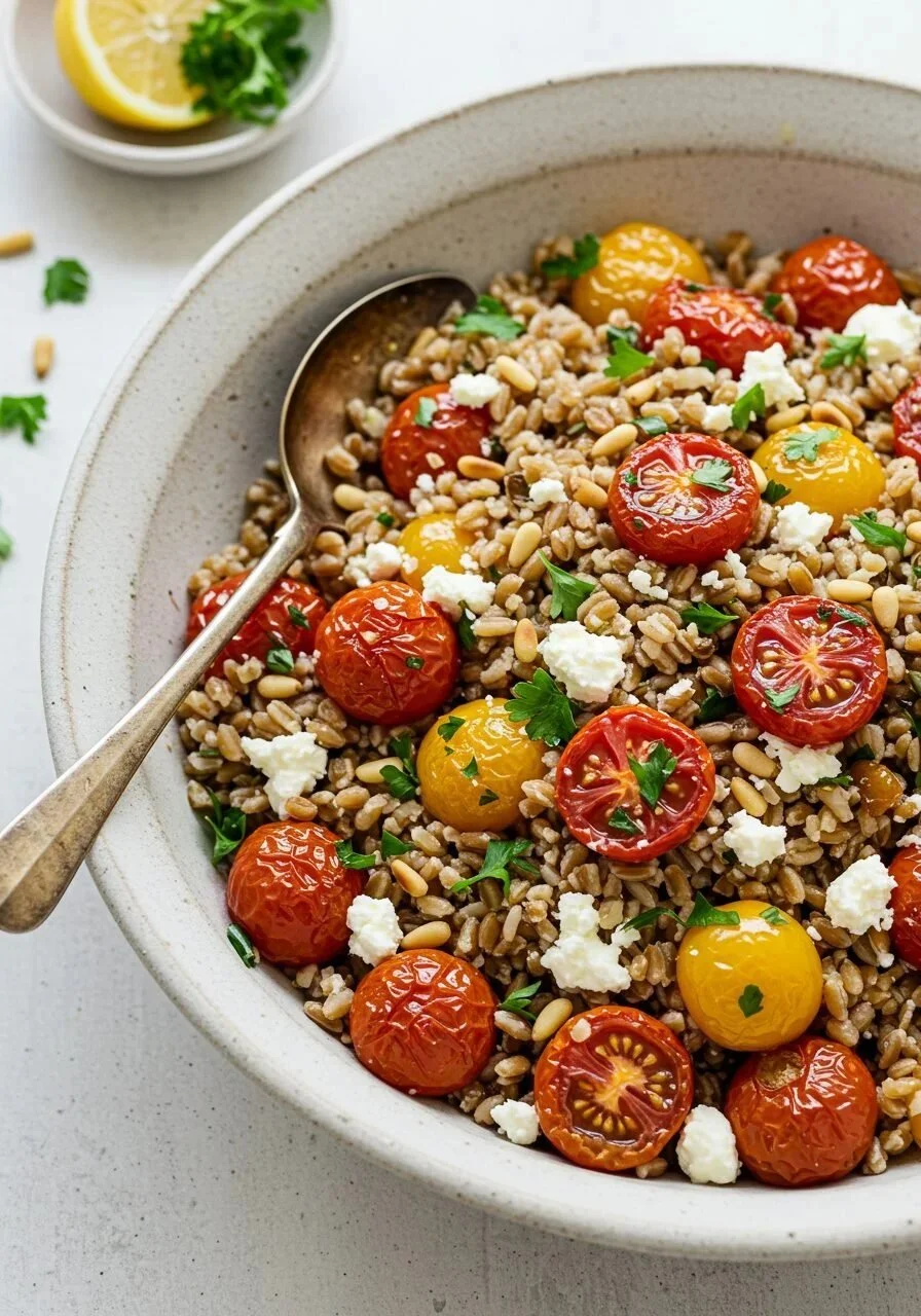 Ultimate slow roasted tomato farro salad with vibrant ingredients and toppings