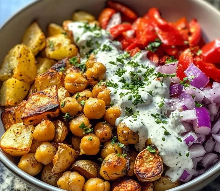 Vegan Mediterranean roasted vegetables bowl featuring colorful seasonal veggies
