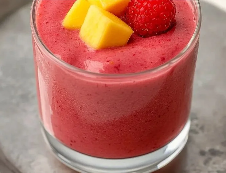 Vibrant raspberry mango smoothie in a glass with fresh fruits