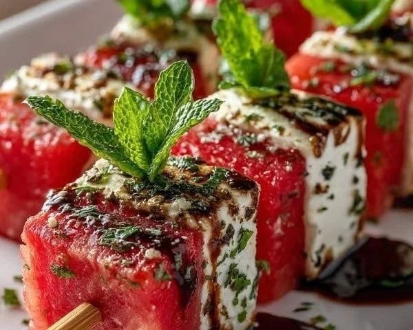 Fresh watermelon feta and mint skewers on a serving platter