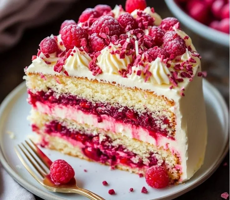 Delicious White Chocolate Raspberry Dream Cake with rich frosting and fresh raspberries