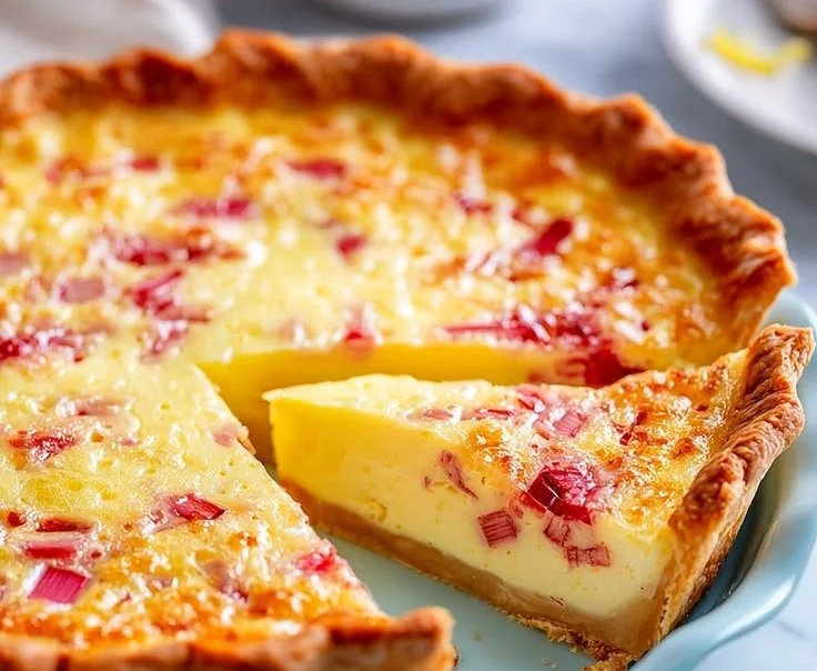 Deliciously baked zesty rhubarb lemon pie with a golden crust