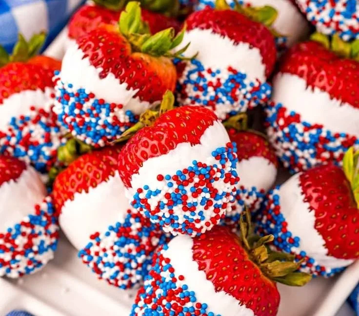 Delicious chocolate covered strawberries decorated for 4th of July celebrations