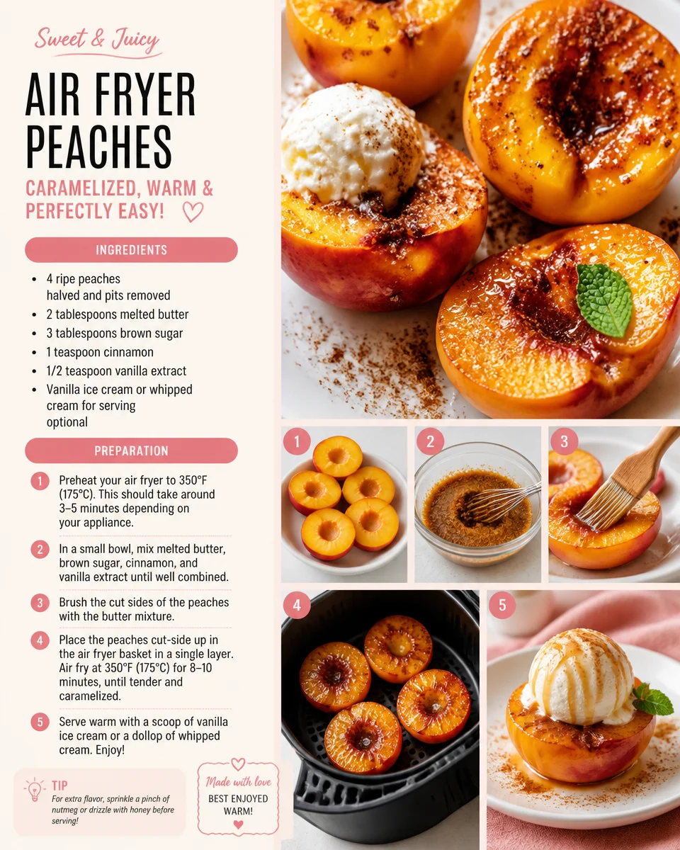Delicious air fryer peaches served with a drizzle of honey and a sprinkle of cinnamon