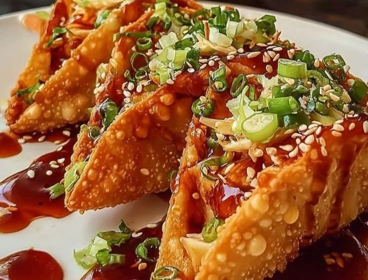 Plate of amazing crispy chicken wonton tacos garnished with fresh ingredients