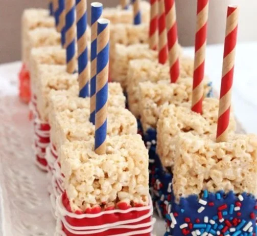American Flag Rice Krispie Treats decorated for patriotic celebrations