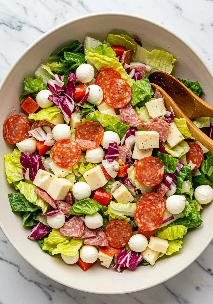 Delicious antipasti chopped salad with fresh vegetables and savory ingredients.