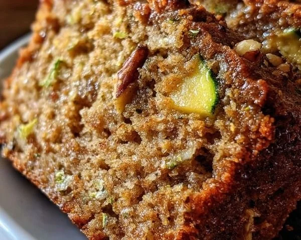 Sliced Apple Cinnamon Zucchini Bread on a wooden board with apples and cinnamon sticks.