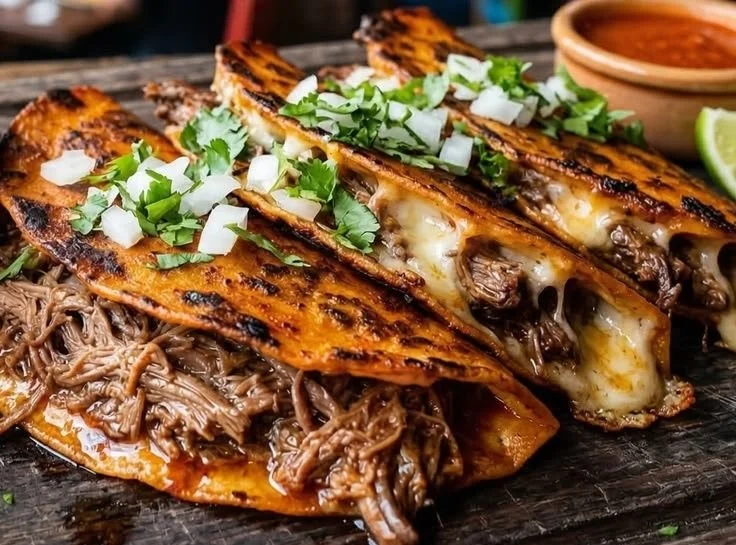 Authentic birria tacos with crispy beef and rich consommé served on a plate