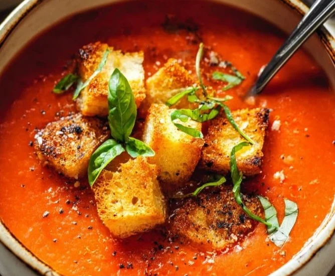 Bowl of authentic gazpacho made with fresh vegetables and herbs
