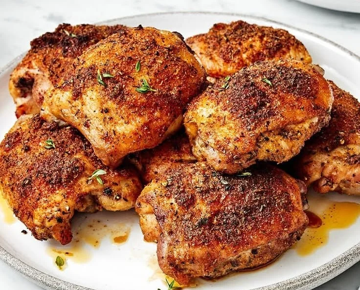 Deliciously baked chicken thighs with golden skin, served on a plate.