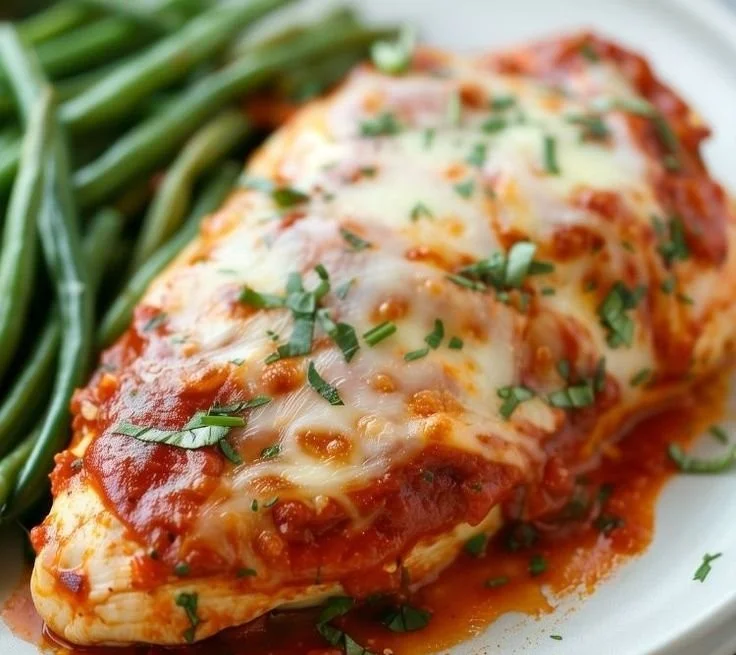 Baked chicken with marinara sauce and mozzarella cheese, ready to serve.