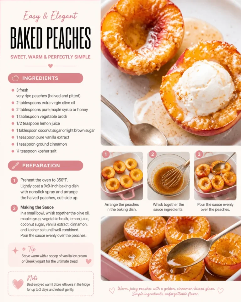 Baked peaches topped with honey and cinnamon in a baking dish.
