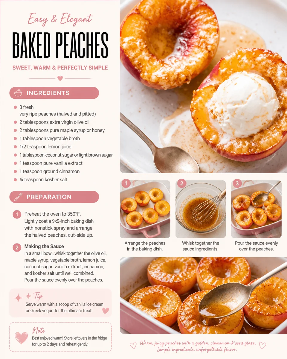 Baked peaches topped with honey and cinnamon in a baking dish.