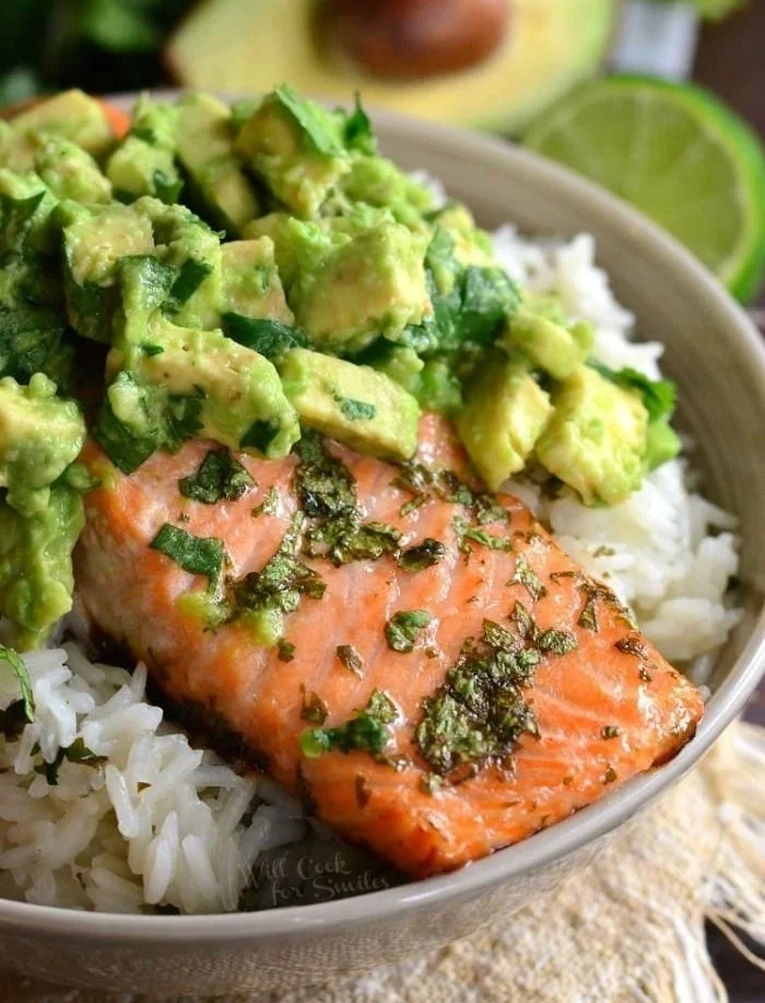 Baked salmon with honey lime and cilantro served on a plate