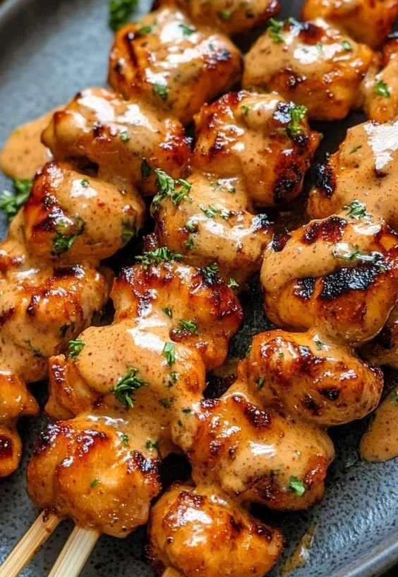 Delicious Bang Bang Chicken Skewers served on a platter with dipping sauce