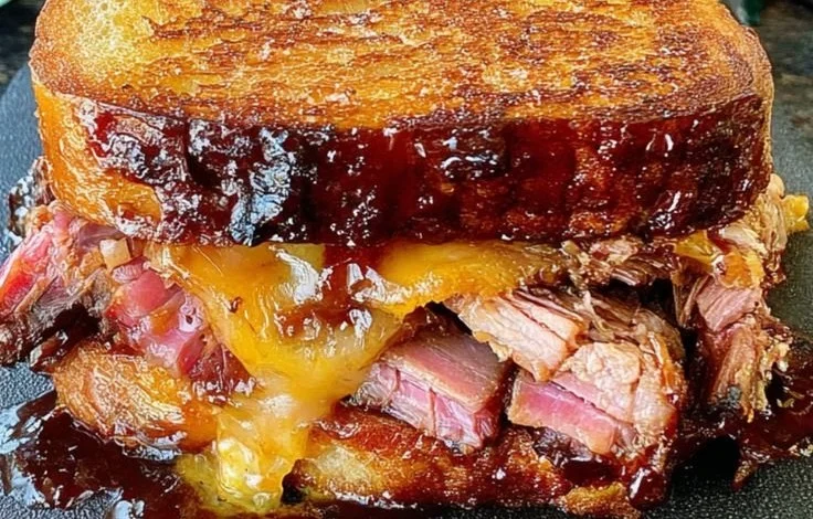 Delicious BBQ brisket melts topped with cheese on toasted bread