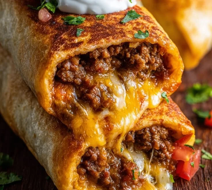Plate of crispy Beef and Cheese Chimichangas served with salsa.