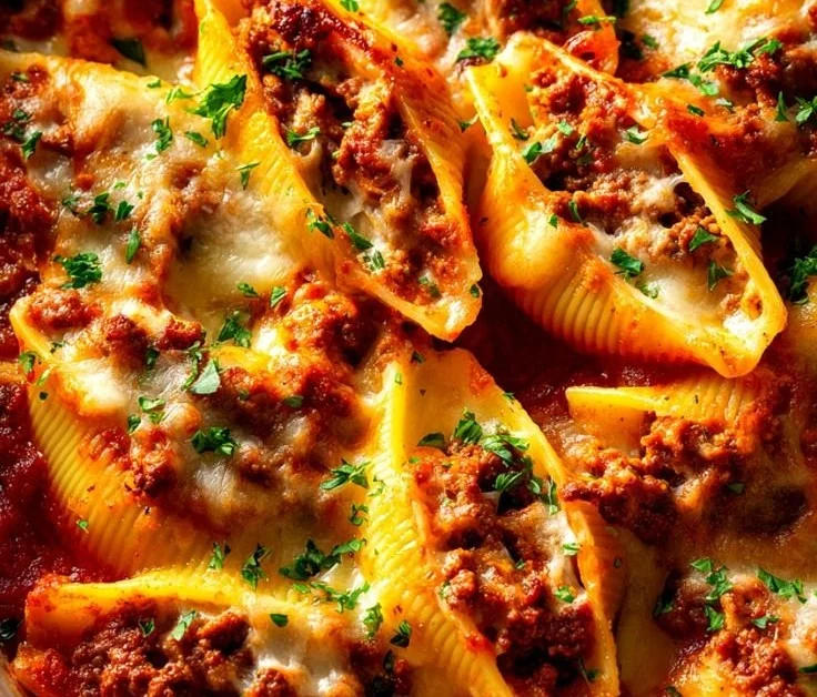 Beef stuffed shells baked dish with cheese and marinara sauce
