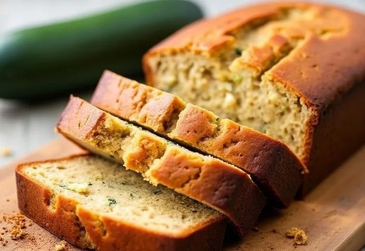 Deliciously moist zucchini bread sliced on a wooden cutting board