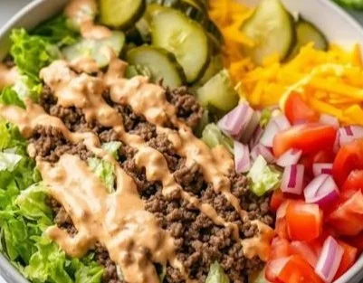 Delicious Big Mac Bowl featuring beef, lettuce, cheese, and special sauce.