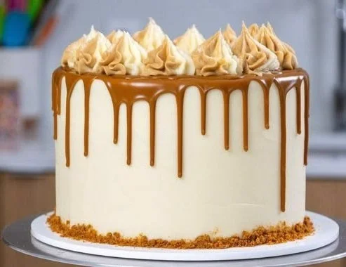 Biscoff Cookie Butter Cake topped with caramel drizzle and Biscoff crumbs
