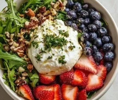 Colorful blueberry breakfast salad with fresh fruits and greens