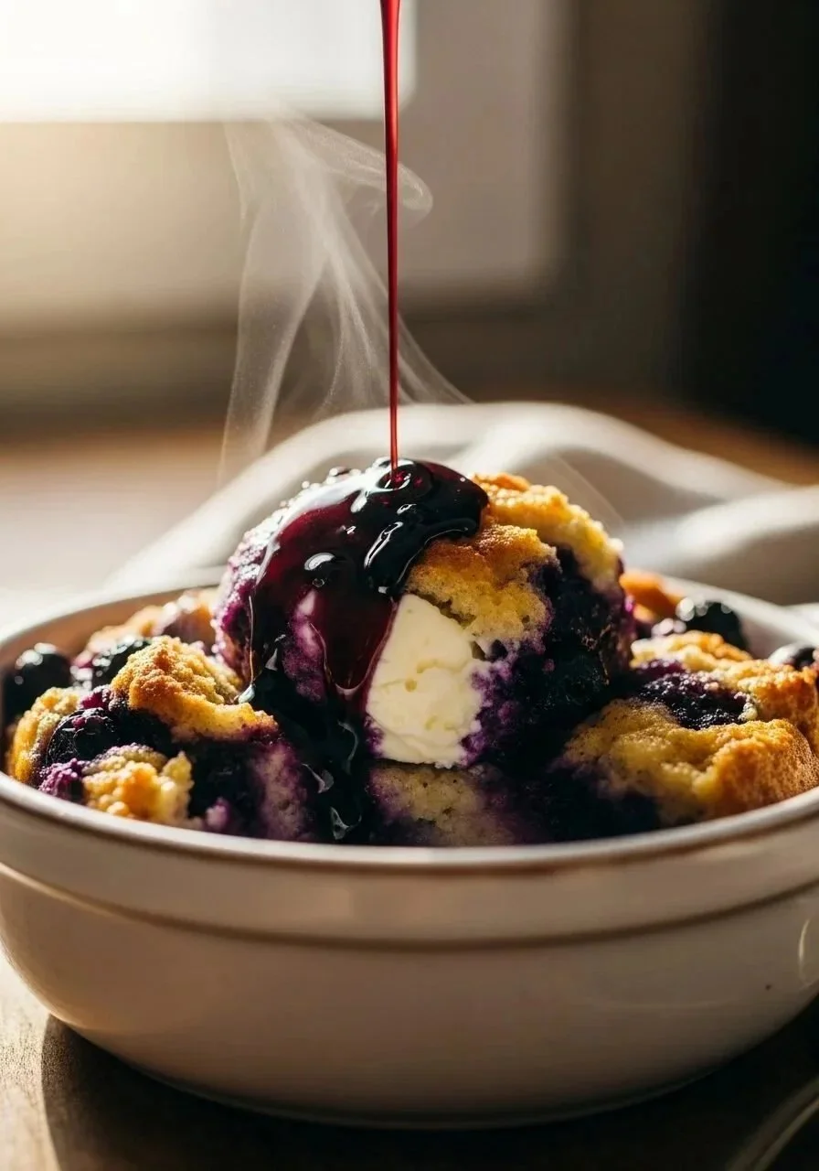 Delicious Blueberry French Toast casserole served warm with fresh blueberries.