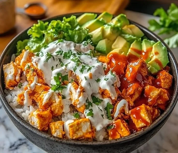 Bold Buffalo Chicken Protein Bowl topped with fresh vegetables and creamy dressing