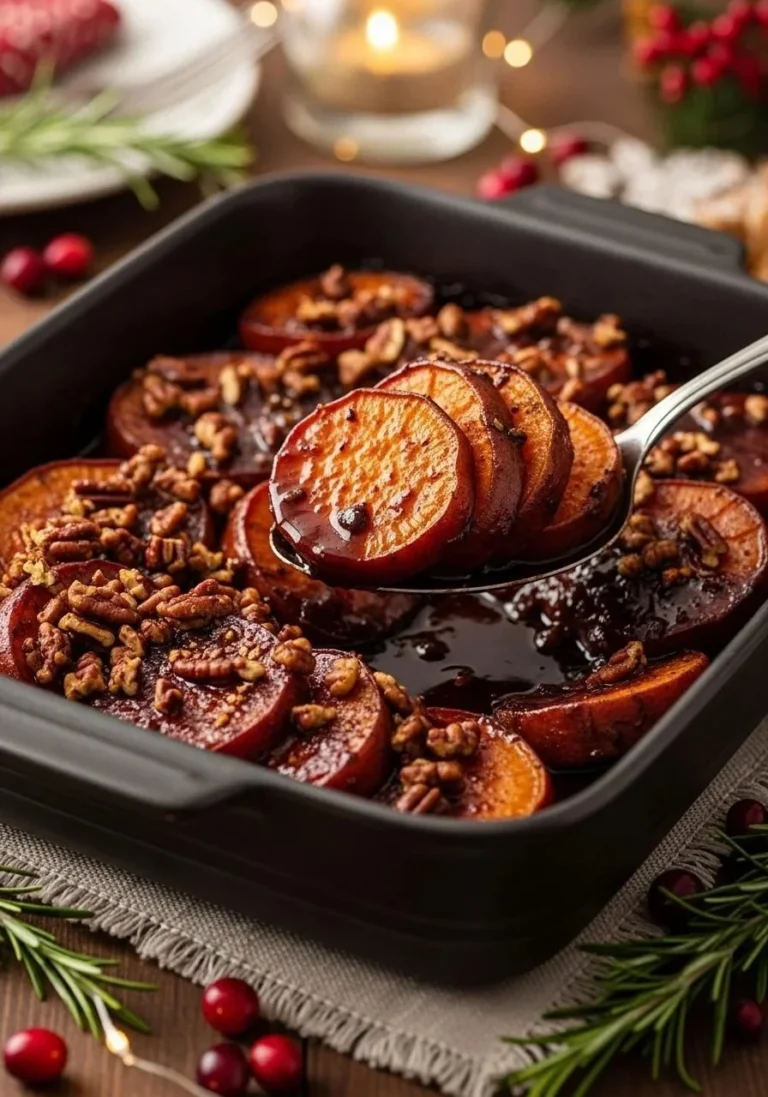 Braised sweet potatoes with Piri Piri pecans on a wooden serving platter