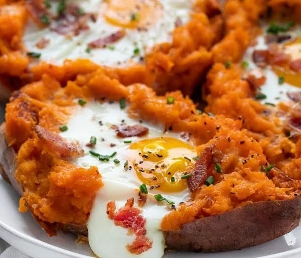 Delicious breakfast sweet potato topped with healthy ingredients