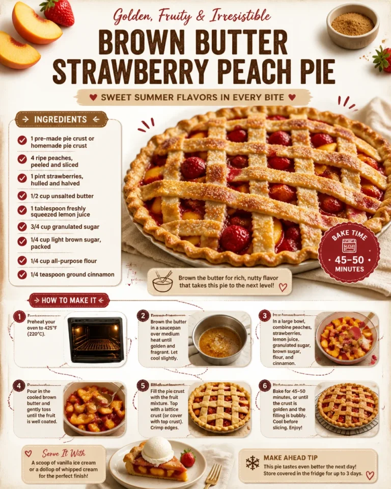 Brown butter strawberry peach pie with fresh strawberries and peaches on a plate.