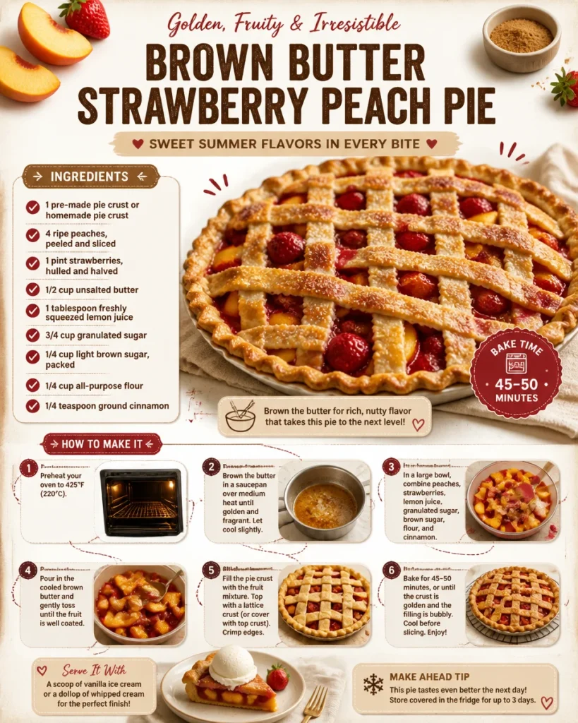 Brown butter strawberry peach pie with fresh strawberries and peaches on a plate.