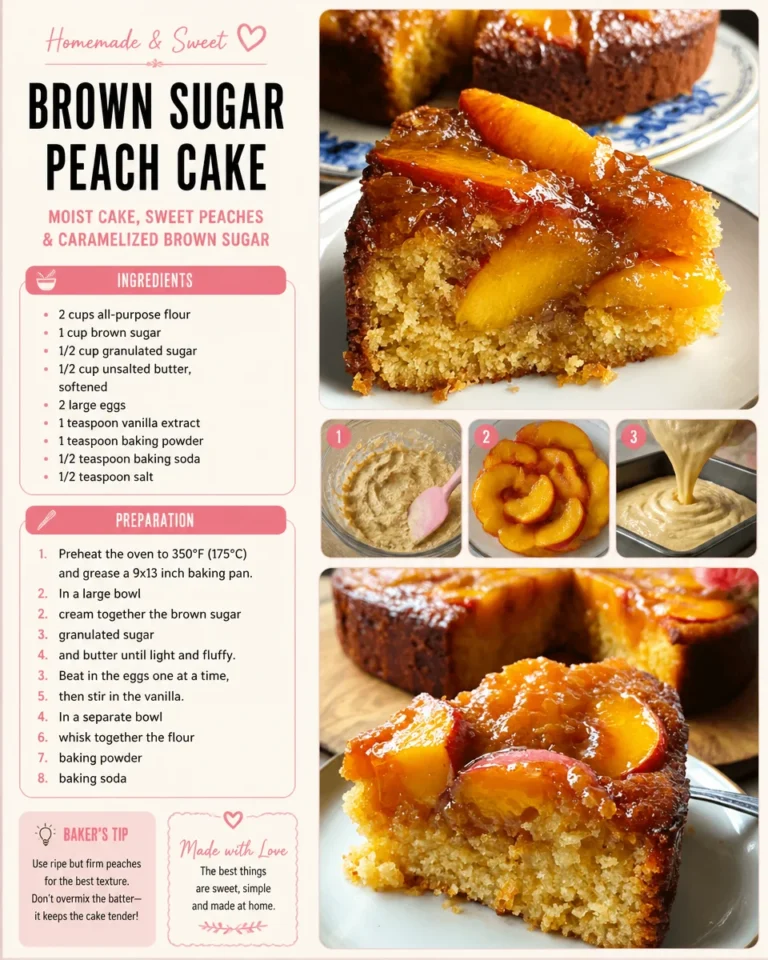 Delicious brown sugar peach cake topped with fresh peach slices.