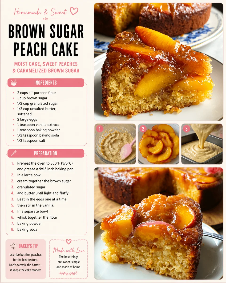 Delicious brown sugar peach cake topped with fresh peach slices.