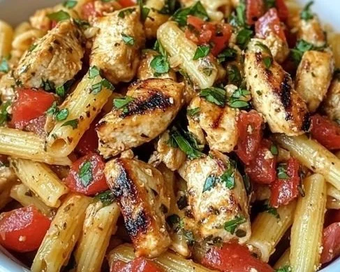 Delicious Bruschetta Chicken Pasta with fresh basil and tomatoes