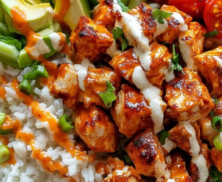 Buffalo Chicken Bowl with toppings ready to serve