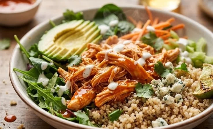 Buffalo Chicken Protein Bowl with fresh vegetables and spices