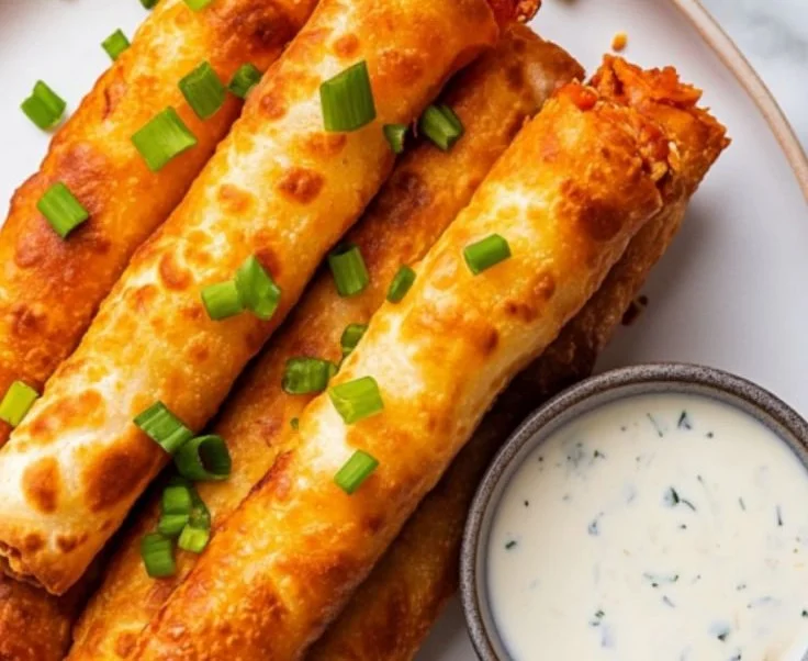 Delicious Buffalo Chicken Taquitos on a plate, ready to be served.