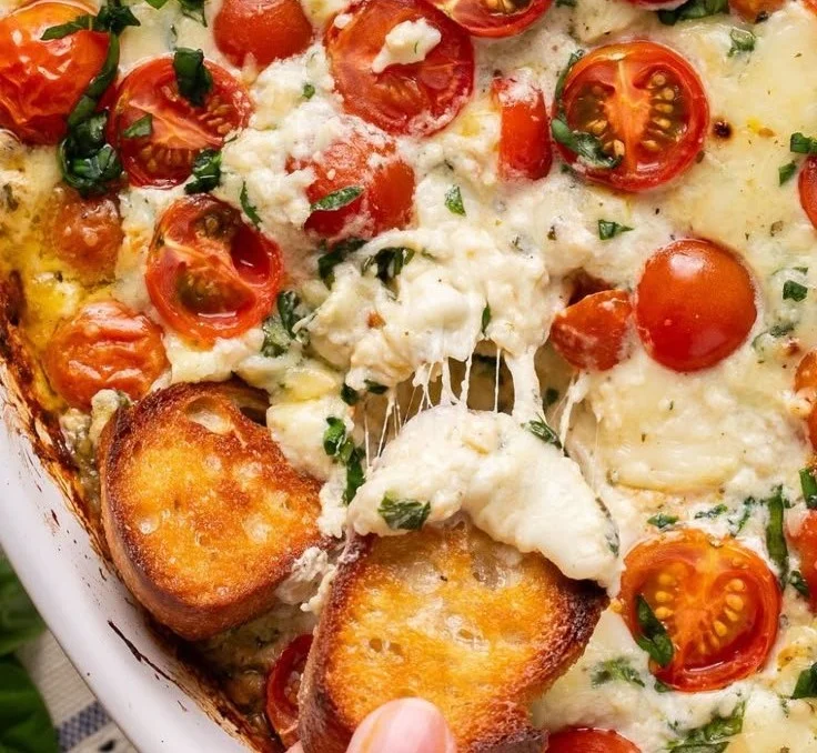 Delicious Caprese Cheese Dip with fresh tomatoes and mozzarella cheese