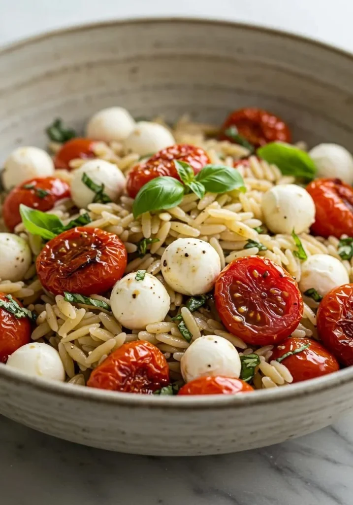 Delicious Caprese Orzo Pasta Salad with fresh mozzarella, tomatoes, and basil.