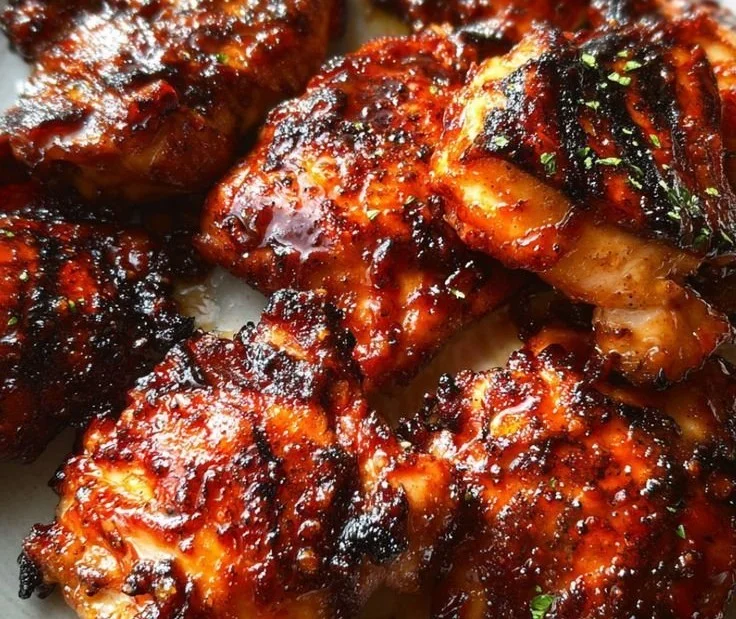 Oven-baked caramelized BBQ chicken thighs on a serving plate