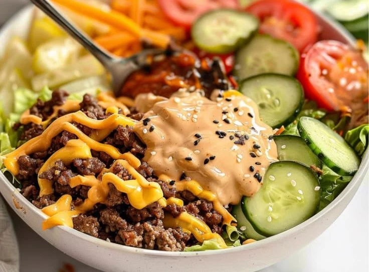 Delicious cheeseburger bowl topped with fresh ingredients and sauces