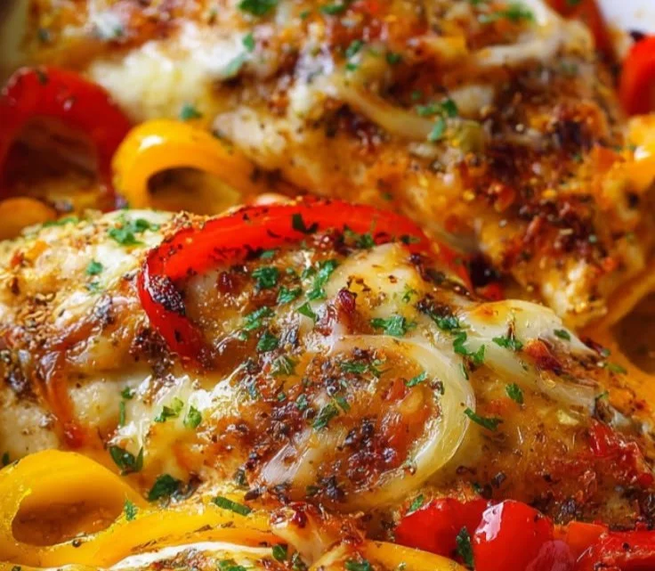 Cheesy baked chicken breast with colorful peppers on a plate