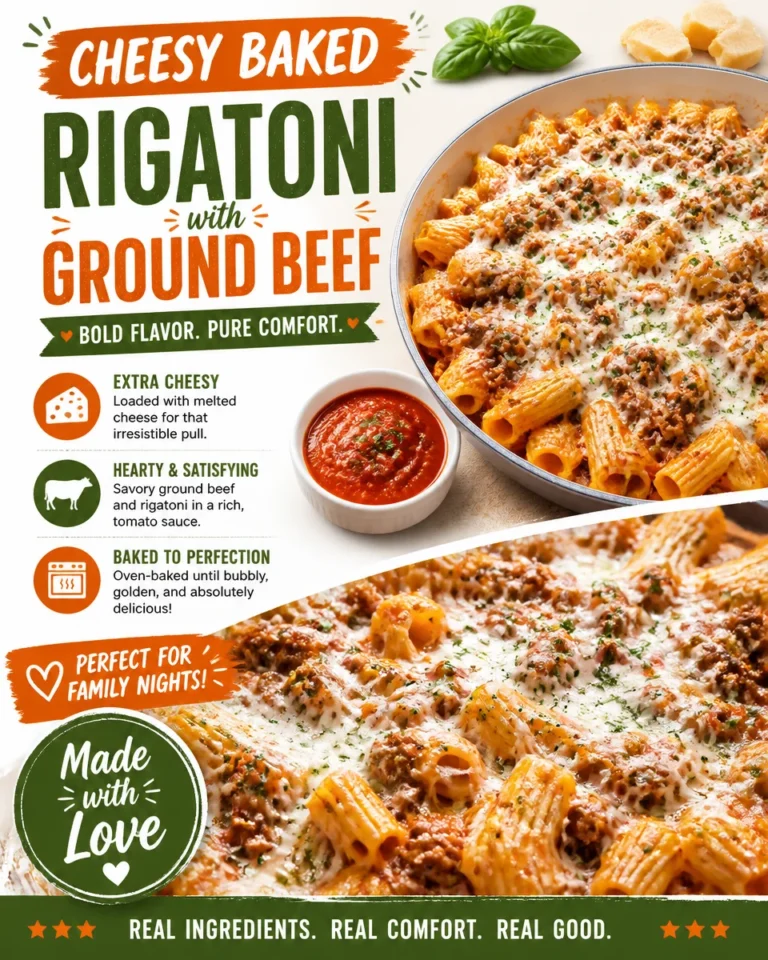 Cheesy baked rigatoni with ground beef topped with melted cheese