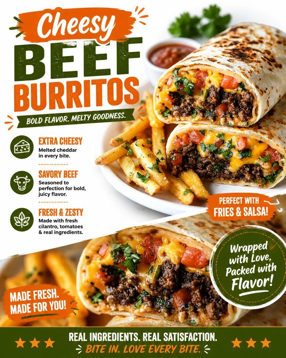 Delicious cheesy beef burritos served on a plate with fresh toppings
